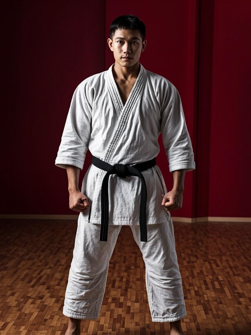Karatist din clubul Aka Shiro Kai Brașov executând un kata în dojo